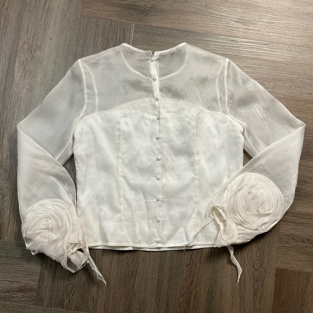 Anne Fontaine Spring Silk Sheer Rose Cuff Button Back Top Blouse 38 US 6 White - Picture 2 of 10